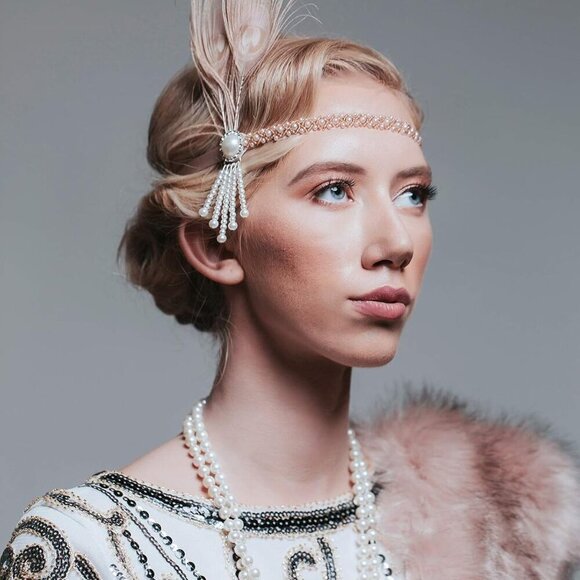 Flapper Headband Pearl Peacock Feather Hair Accessory Vintage Gatsby